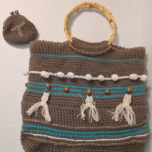 Vintage Crochet Bamboo Handle Bag and Crochet Boho Coin Purse